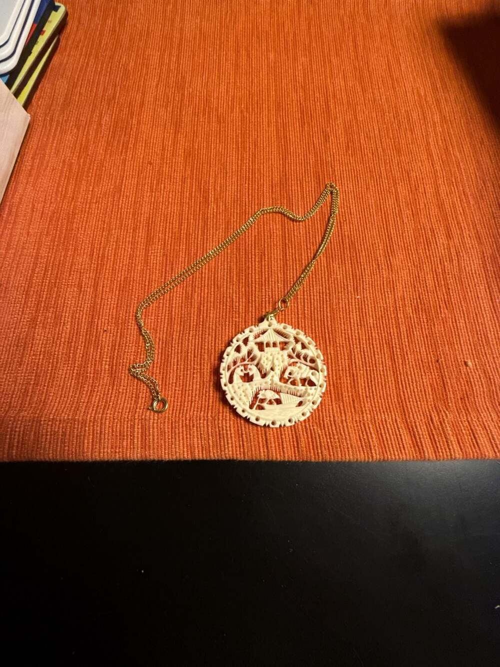 Vintage Intricately Carved Bovine Bone Round Pagoda Village Pendant Necklace